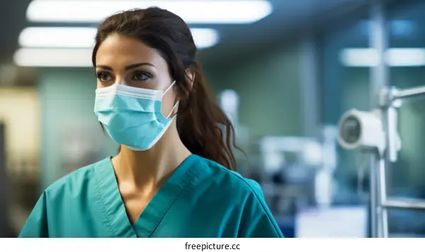 Portrait of a female doctor wearing a mask in a hospital