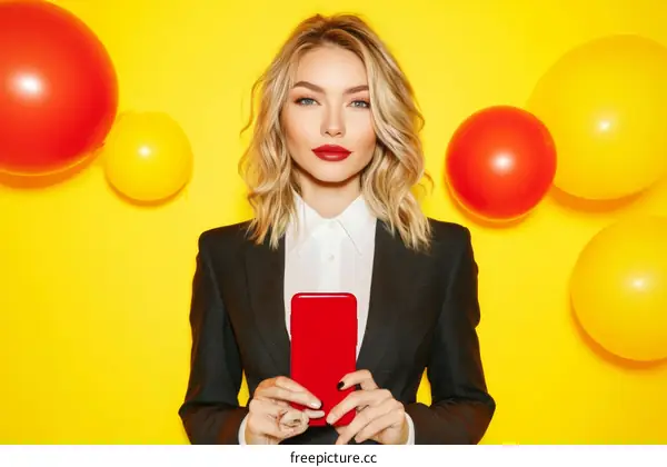 Stylish Woman in Blazer Holding Red Phone Against Yellow Background with Balloons
