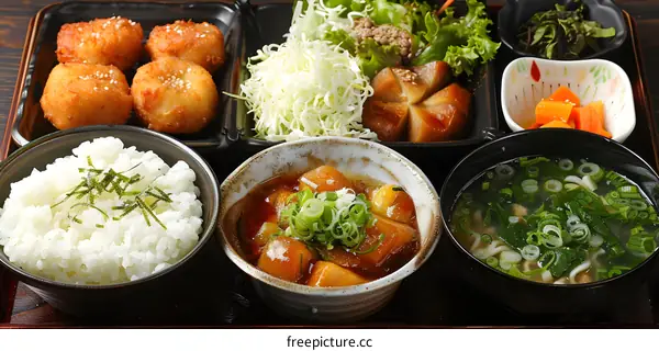 A delicious Japanese meal with rice, soup, and side dishes