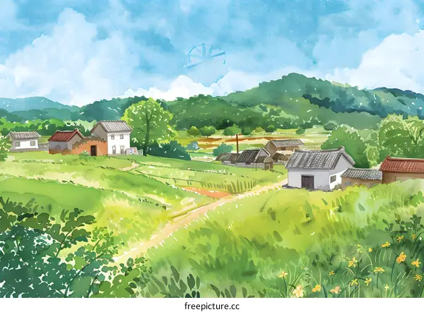 Watercolor Painting of a Village in the Countryside