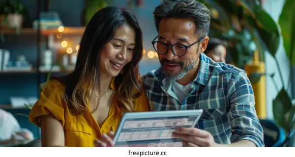 Asian couple smiling while looking at a tablet together