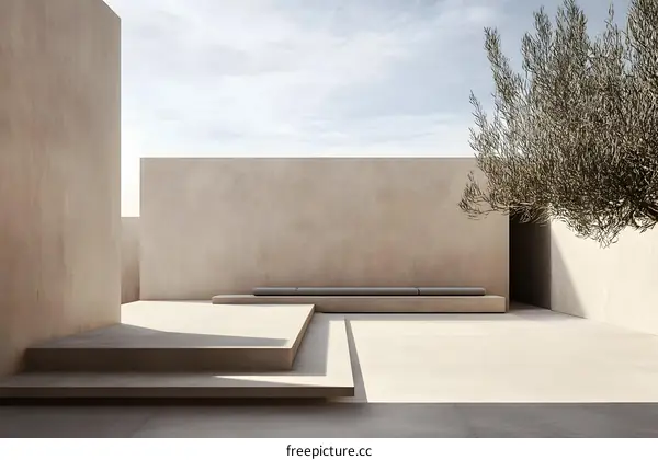 Minimalist Architecture Design with Concrete Walls and a Tree in a Courtyard