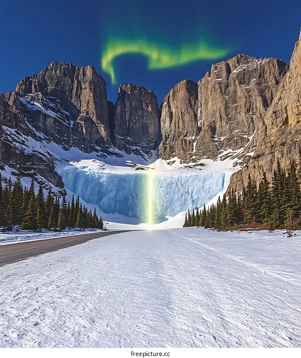 Northern Lights Shining Over Frozen Waterfall