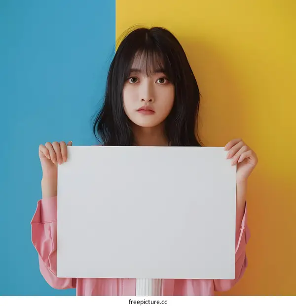 Young Asian Woman Holding Blank White Sign Against Blue and Yellow Background
