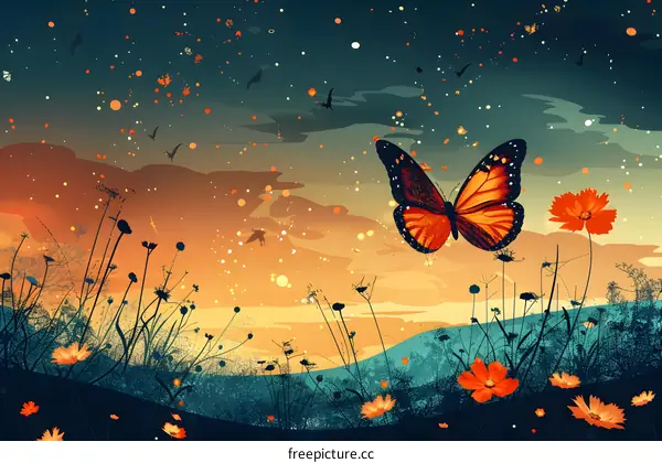 Colorful butterfly in a field of flowers under a setting sun