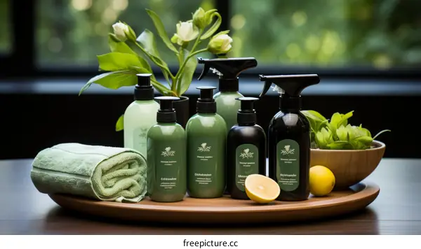 Natural cleaning products on a wooden table