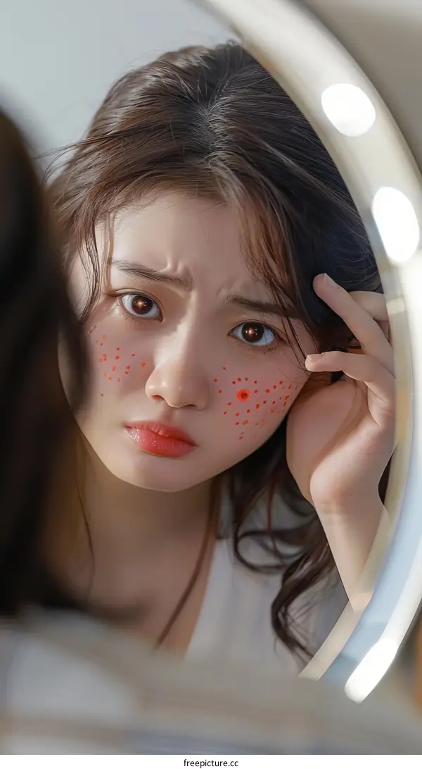 Troubled by Acne: A Young Woman Examines Her Reflection