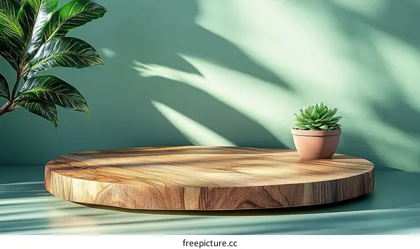Wooden Round Display Stand with Plants and Soft Light