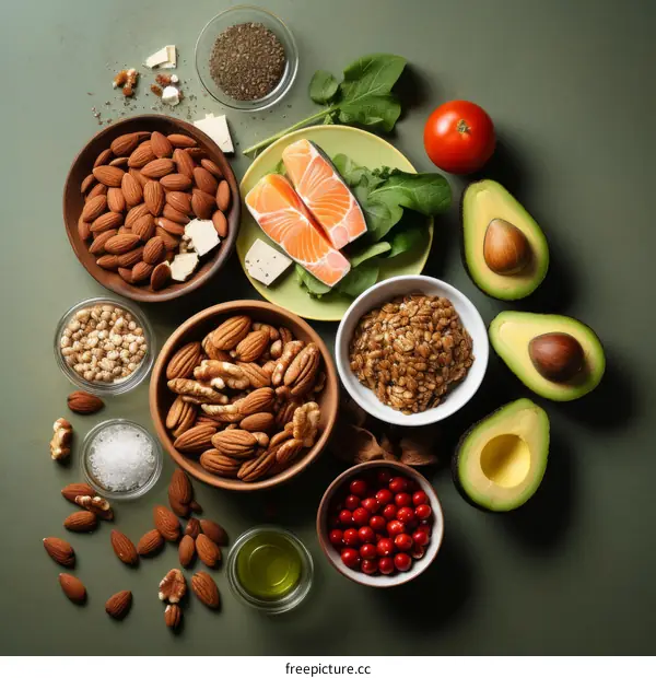 A variety of healthy food ingredients are arranged on a green table.