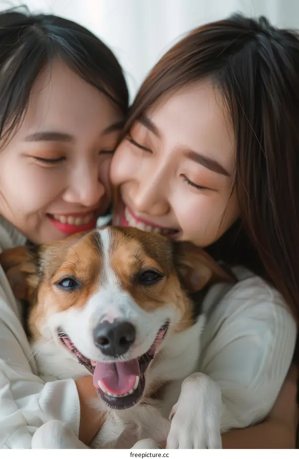 Two Asian women hugging a small dog