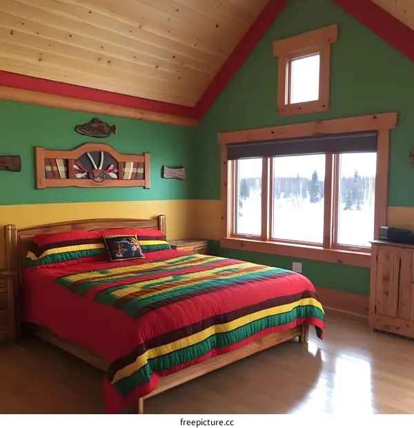 Colorful Bedroom with Wooden Bed and Windows Overlooking Snowy Landscape