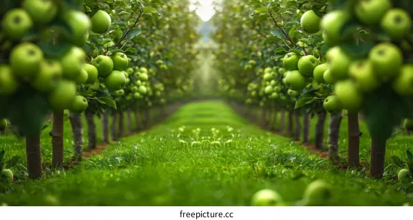 A lush green apple orchard with ripe apples hanging from the branches