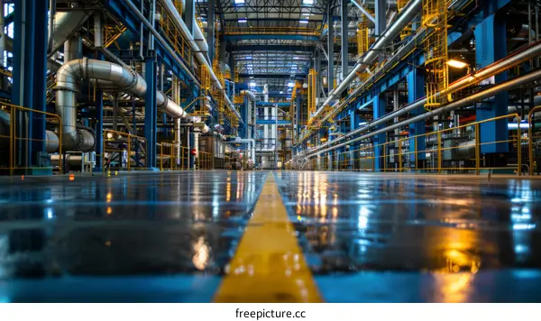 Modern Industrial Building Interior with Blue and Yellow Pipes
