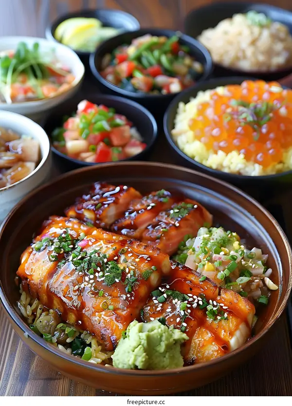 Grilled Salmon Rice Bowls with Variety of Japanese Side Dishes
