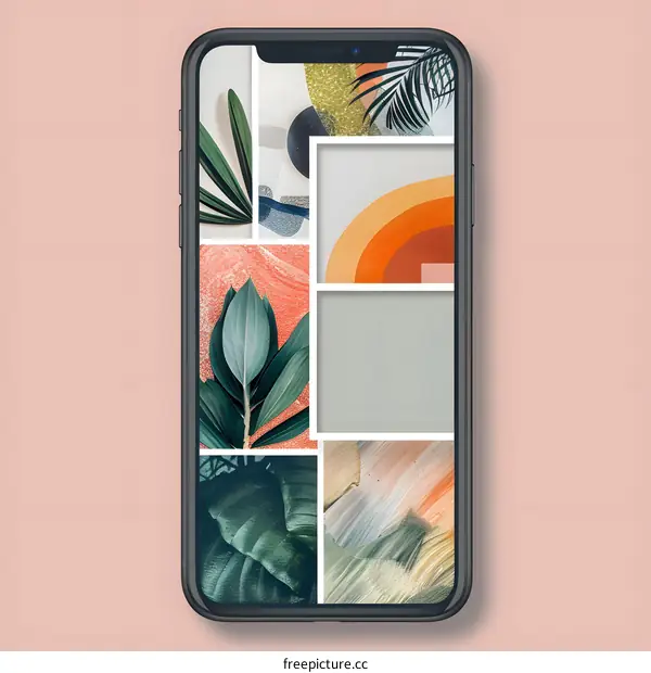 Aesthetic Collage on Smartphone Display with Green Leaves, Abstract Shapes and Pastel Colors