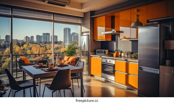 Modern Orange Kitchen Cabinets with City View