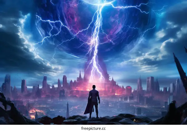 A superhero watching over a city during an alien invasion