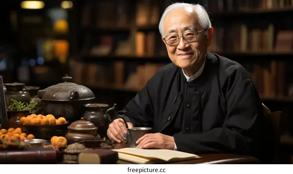 Portrait of an elderly man in a library