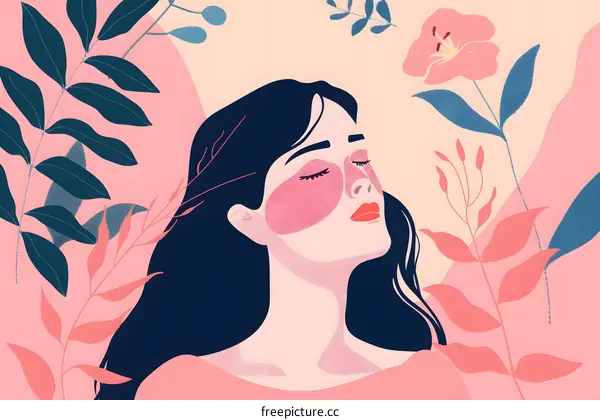 Woman with Closed Eyes Surrounded by Pink Flowers