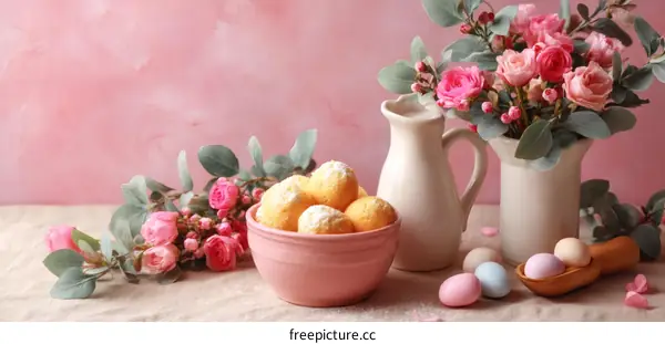 Spring Pink Still Life with Cookies and Flowers