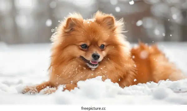 A cute Pomeranian dog playing in the snow