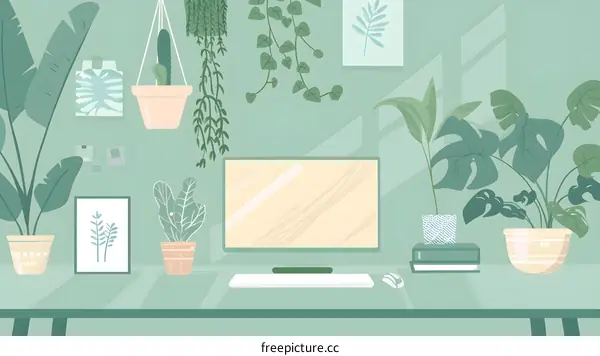 Green Minimalist Home Office With Plants Illustration