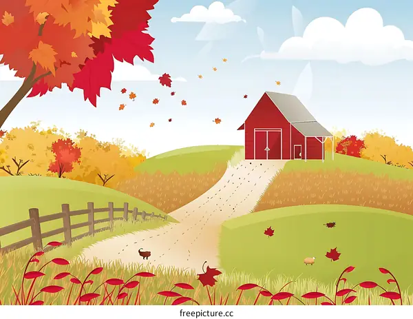 Red Barn with Autumn Leaves and Winding Road