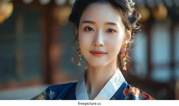 Portrait of a young woman in traditional Korean dress, or hanbok