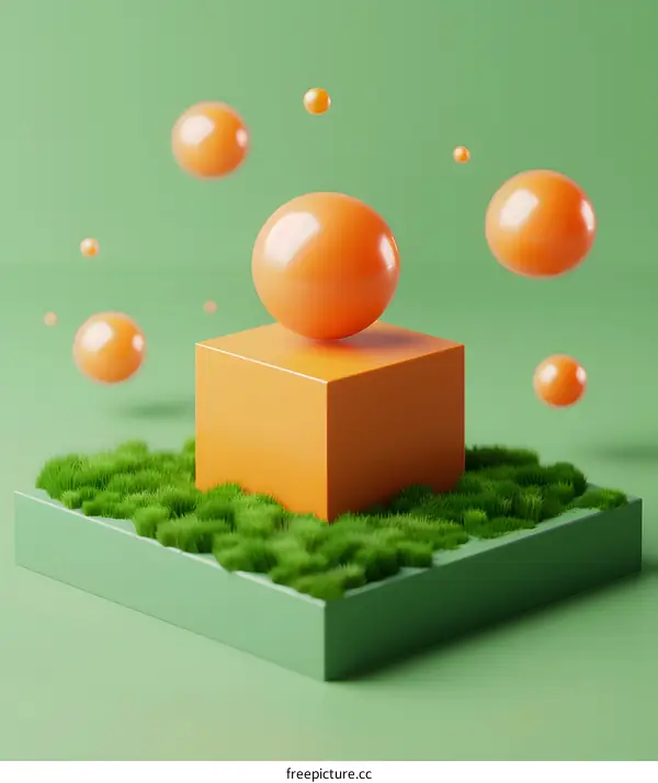Orange Sphere On Green Grass And Cube