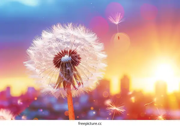 Dandelion seeds blowing in the wind at sunset