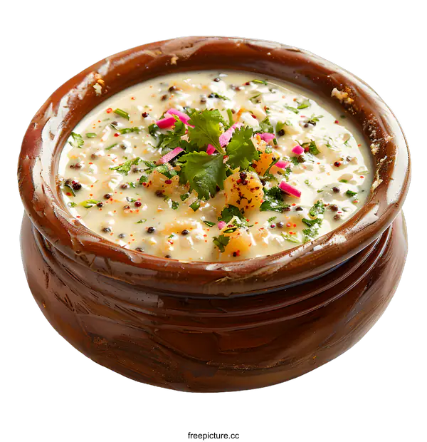 [Transparent Background PNG]Indian food Kadhi Pakora in a clay pot