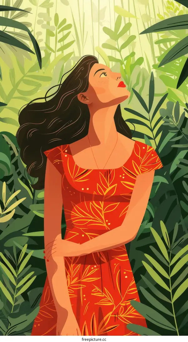 A woman standing in a lush green jungle