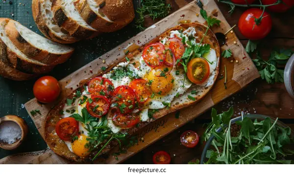 Top view of bruschetta with tomatoes, eggs and herbs on wooden board (Isolated)