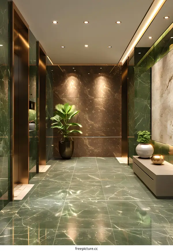 Modern Green and Gold Elevator Lobby Interior Design