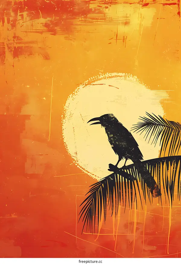 Silhouette of a Crow on Palm Tree Branch with Sun