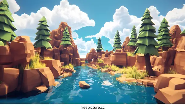 Low Poly Nature Landscape with River and Trees