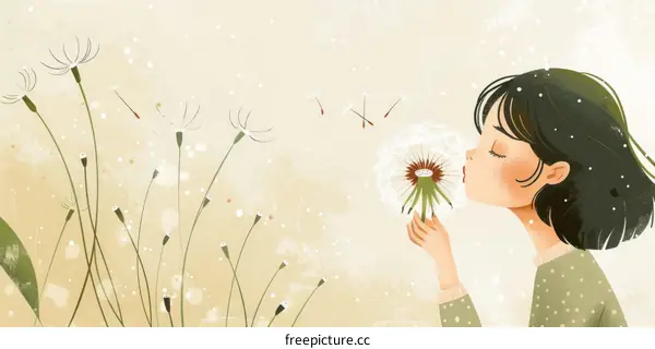 Young Girl Blowing Dandelion Seeds on Field