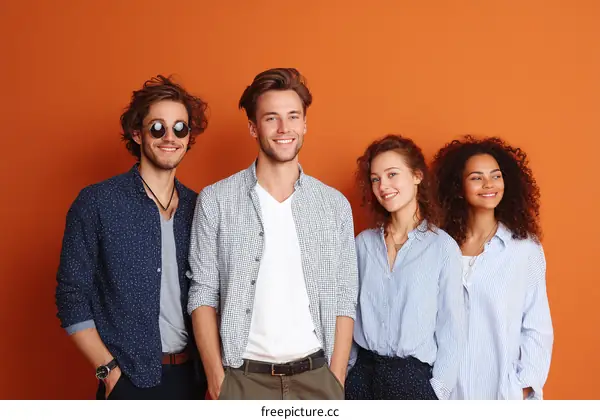 Four Diverse Friends Posing Against a Coral Background