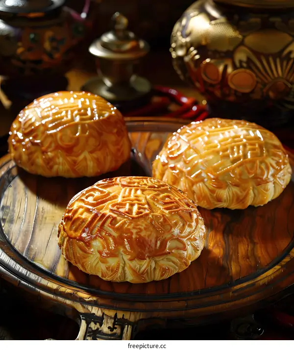 Golden Brown Chinese Moon Cakes on Wooden Serving Platter