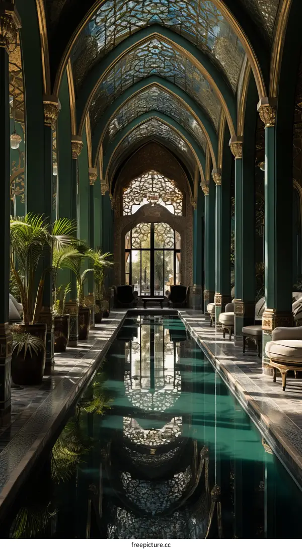 A long hallway with a pool in the middle
