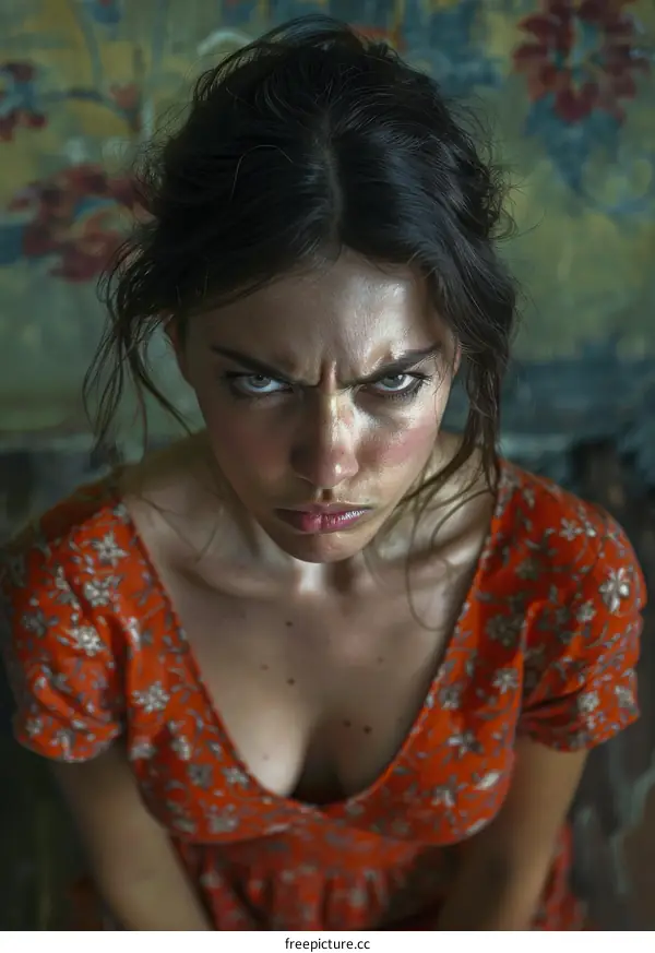 Portrait of a young woman with an angry expression on her face