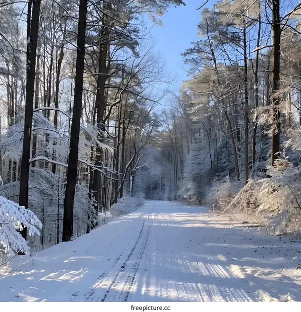 A snow-covered road winds through a forest