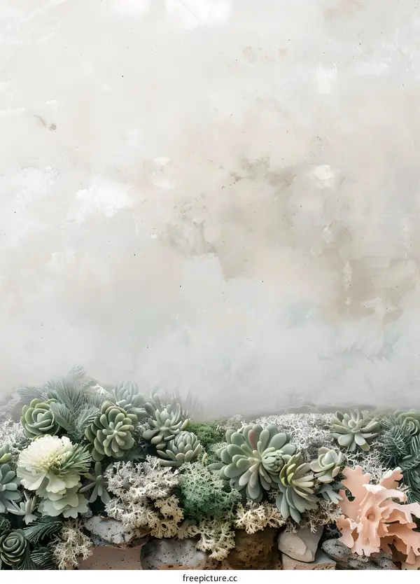 Green Succulents And Moss Against A White Wall Background