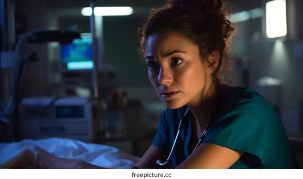 A young female doctor looking at a patient in a hospital room