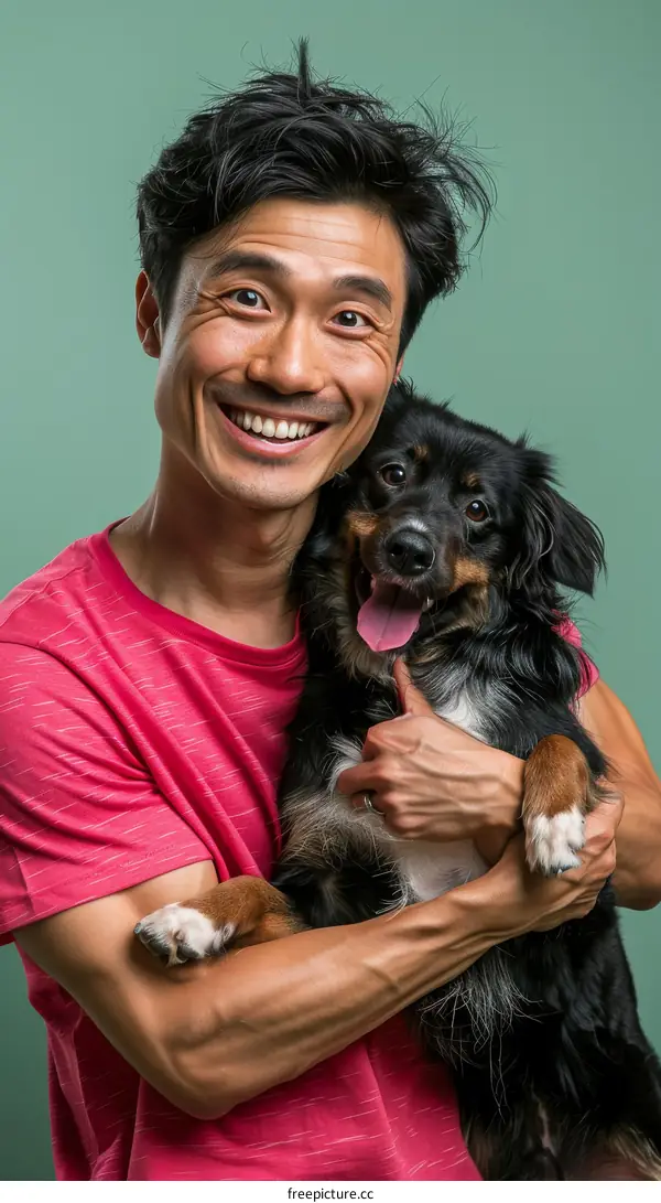 Asian man smiling with his dog