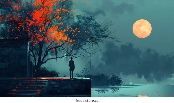 Silhouette Of A Man Standing In Front Of A Tree Under The Full Moon