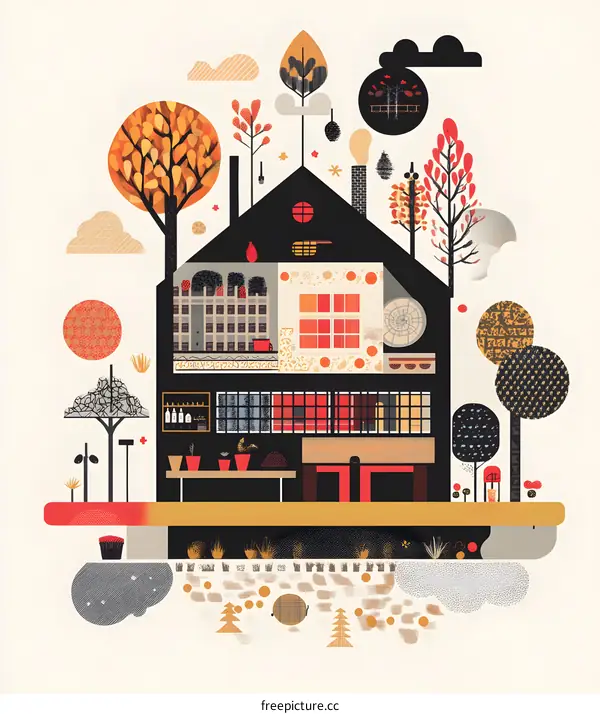 Abstract Illustration of a House with Geometric Patterns and Trees