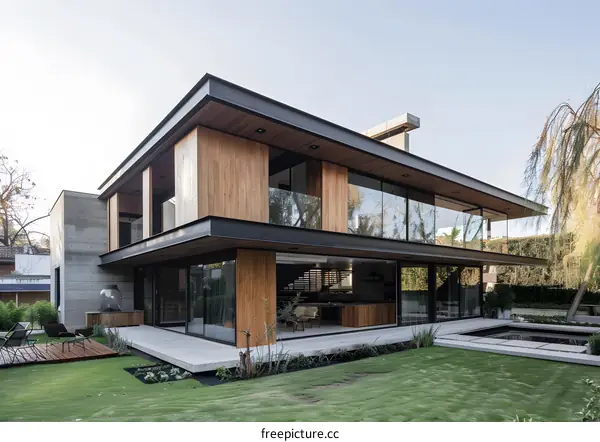 Modern House With Wooden Facade and Large Windows