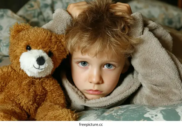 A Child with a Teddy Bear Looking Sad