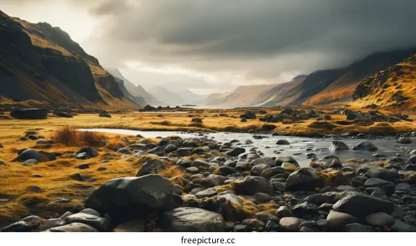 Rocky River Winding Through a Mountain Valley